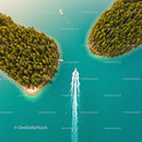 Motorboat Navigating Between Lush Green Islands