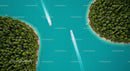 Aerial View of Turquoise Lake with Speedboats and Pine Forest