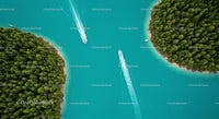 Aerial View of Turquoise Lake with Speedboats and Pine Forest