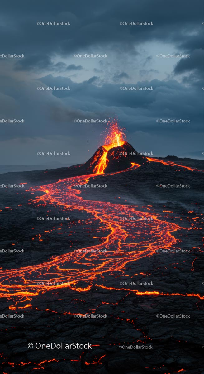 Spektakularna erupcja wulkanu z płynącym strumieniem lawy