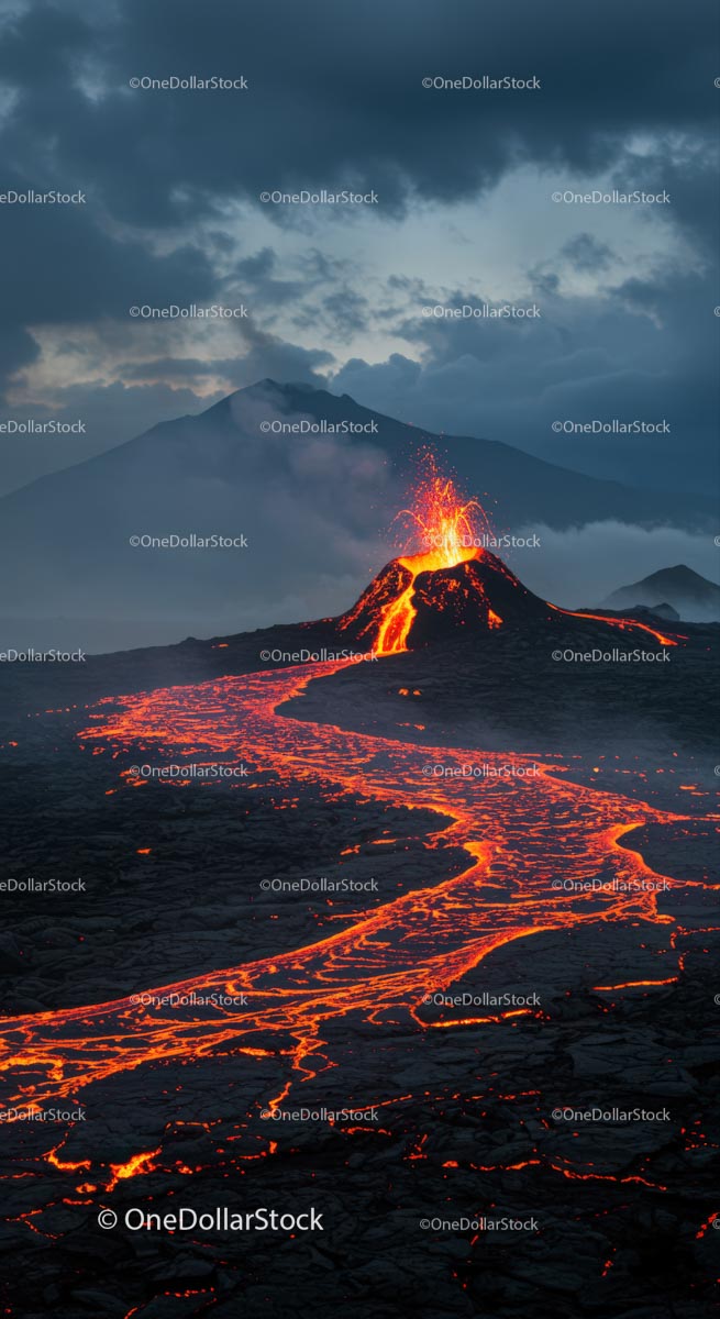 Dramatic Volcanic Eruption with Flowing Lava Stream