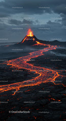 Erupting Volcano with Flowing Molten Lava at Night
