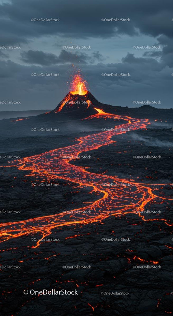 Erupting Volcano with Flowing Molten Lava at Night