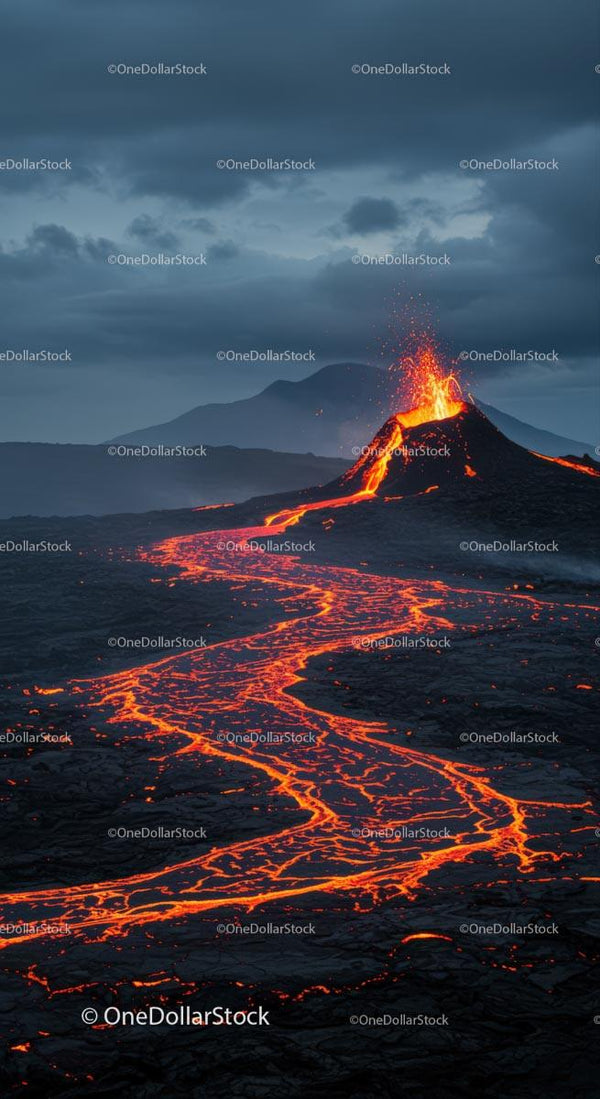 Fiery Volcano Erupting with Flowing Lava Stream