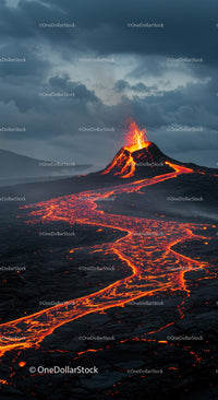 Dramatic Volcano Eruption with Flowing Lava Stream