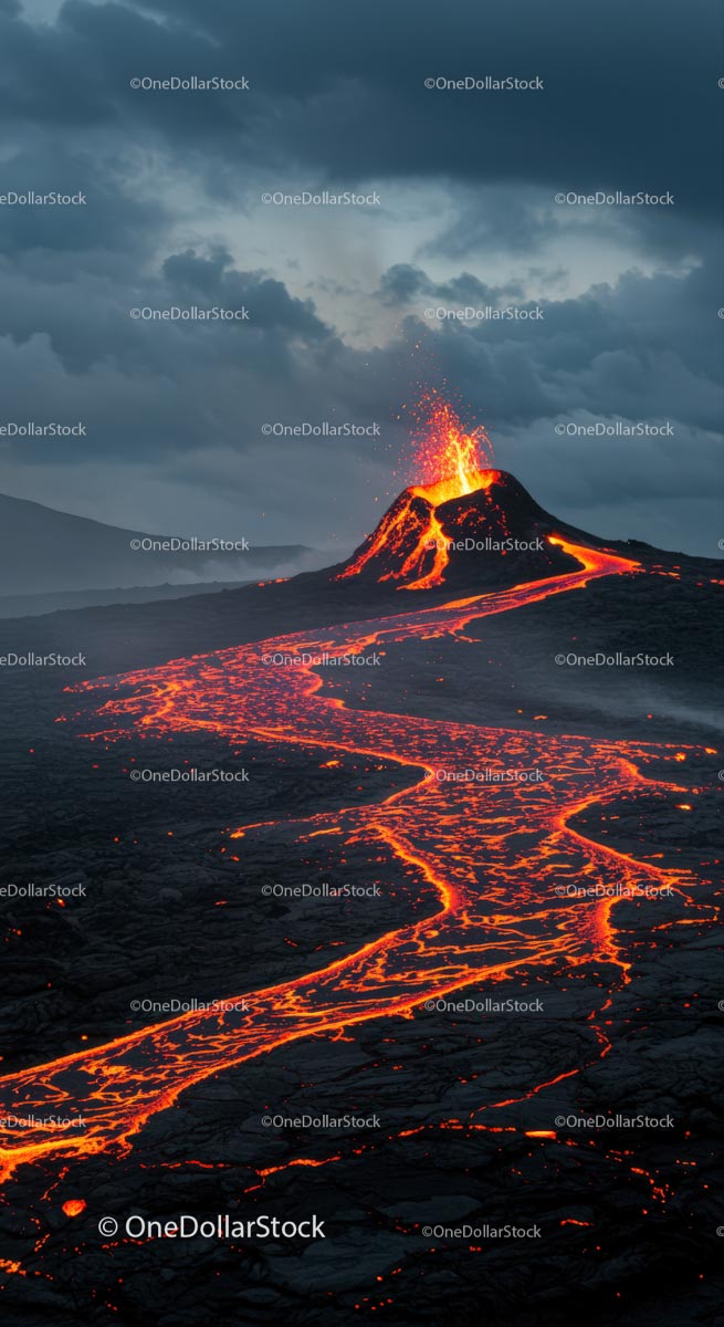 Dramatic Volcano Eruption with Flowing Lava Stream