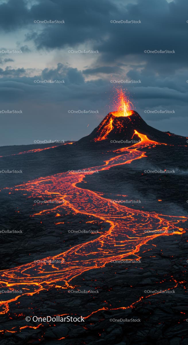 Erupting Volcano with Flowing Lava and Dramatic Sky