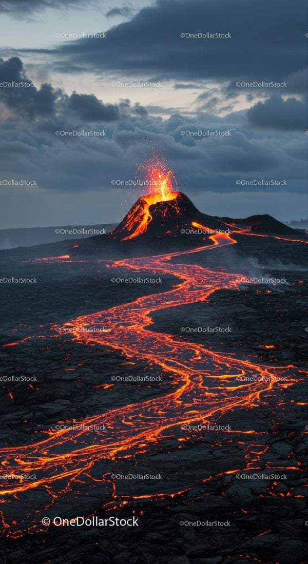 Erupting Volcano with Flowing Lava and Dramatic Skies