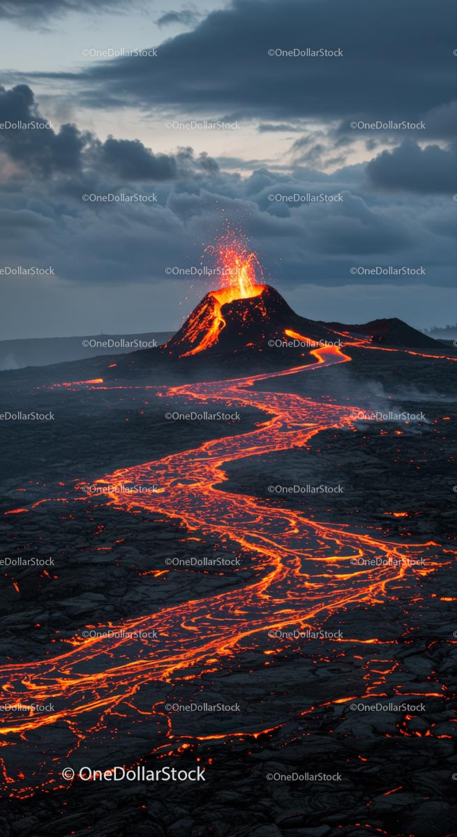 Erupting Volcano with Flowing Lava and Dramatic Skies