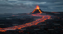 Erupting Volcano with Flowing Lava at Night