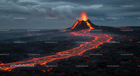 Erupting Volcano with Flowing Lava at Night