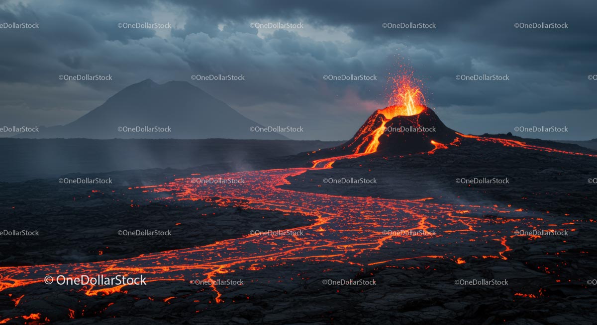 Dynamiczna erupcja wulkanu z płynącą lawą