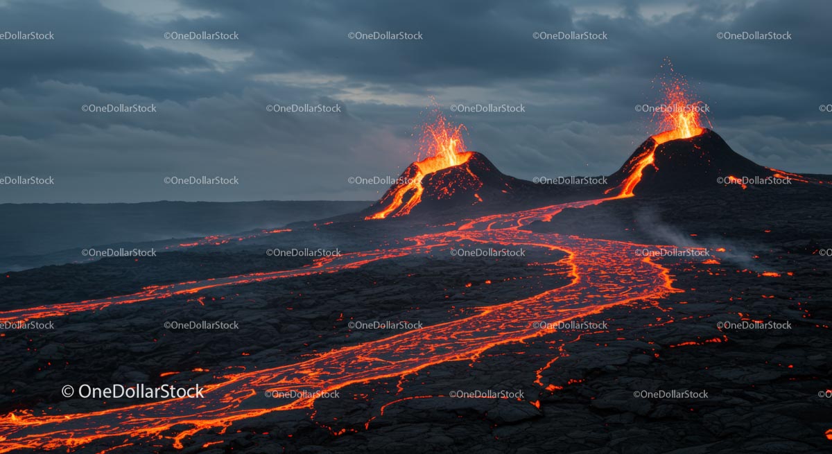 Powerful Volcanic Eruption with Flowing Lava at Dusk