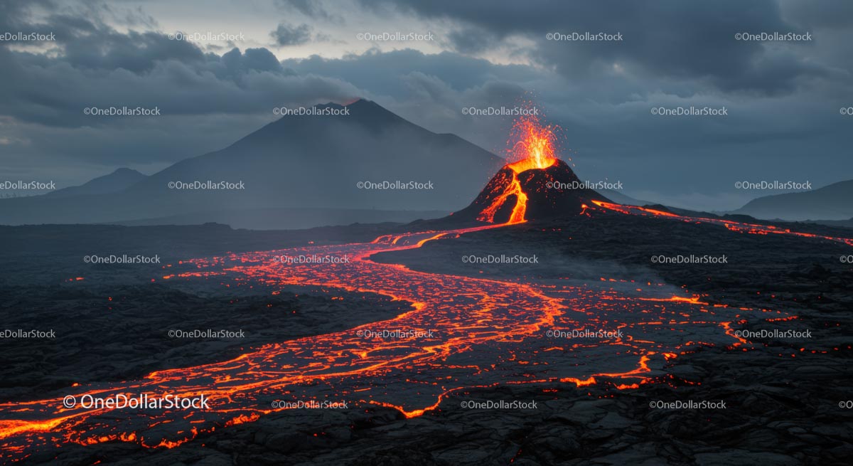 Dramatic Volcano Eruption with Molten Lava Flow