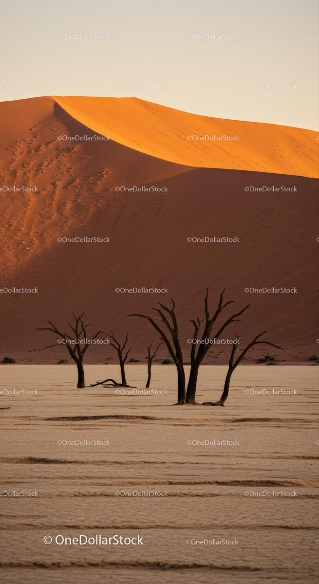 Sunset Over Desert Dunes with Silhouetted Dead Trees