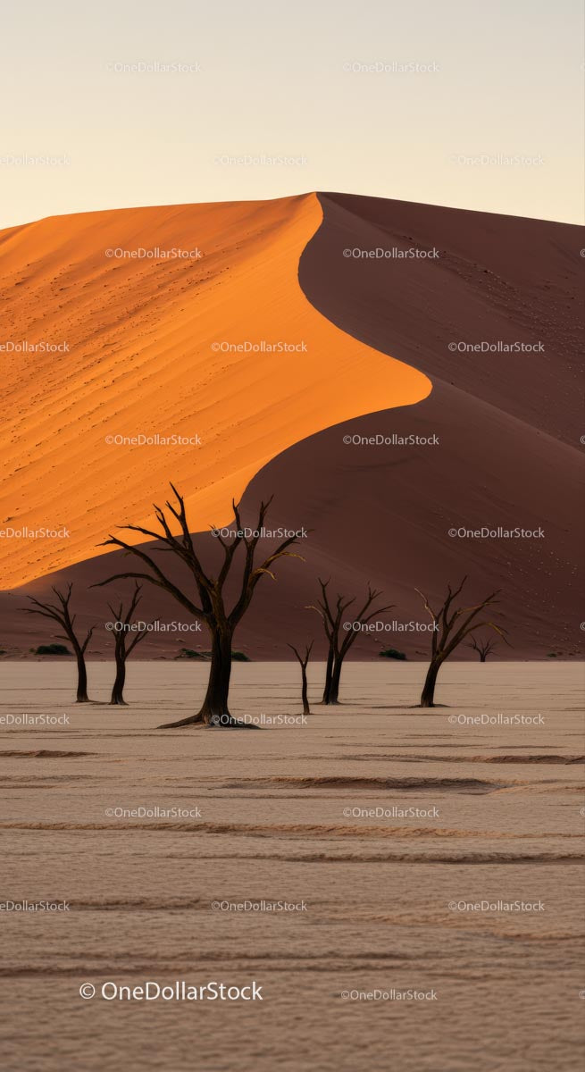 Majestic Sand Dune with Dead Trees at Sunset