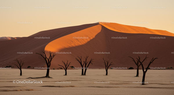 Dramatic Sunrise over Desert Sand Dunes with Dead Trees