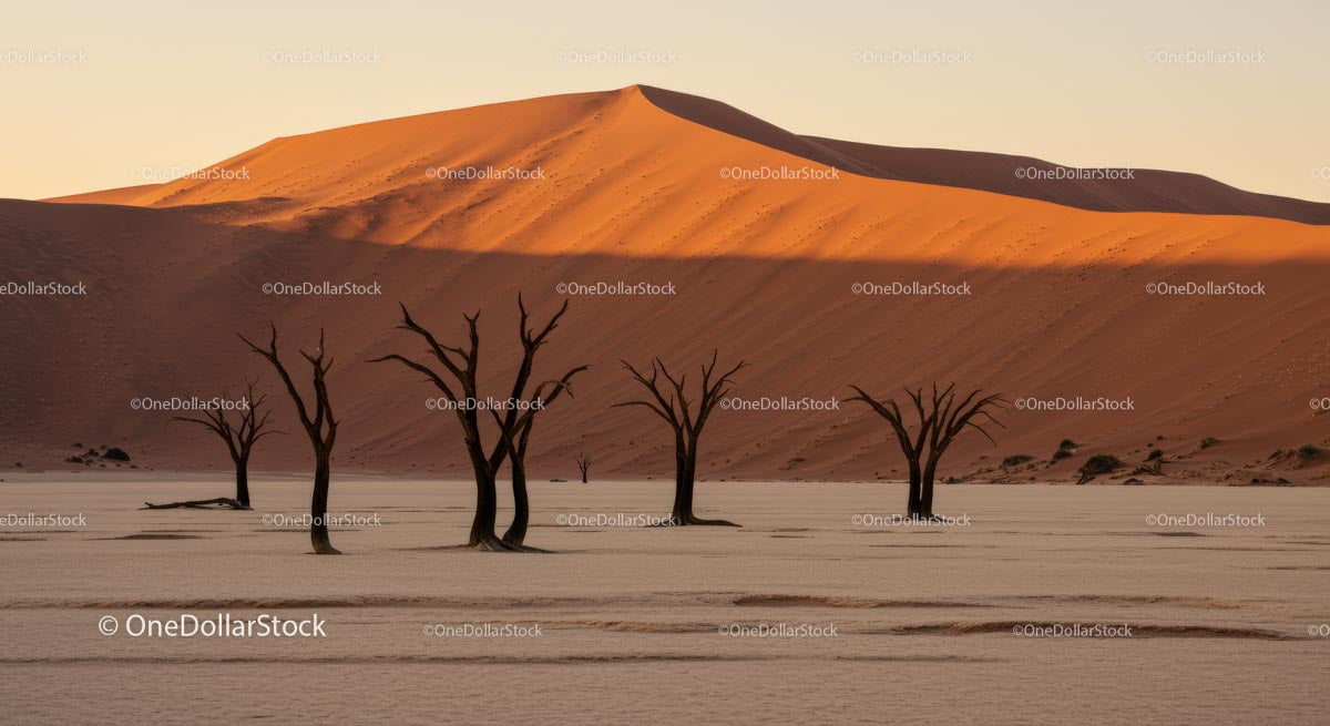 Majestic Dead Trees Amidst Namib Desert Dunes at Sunset