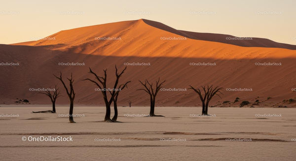 Majestic Dead Trees Amidst Namib Desert Dunes at Sunset
