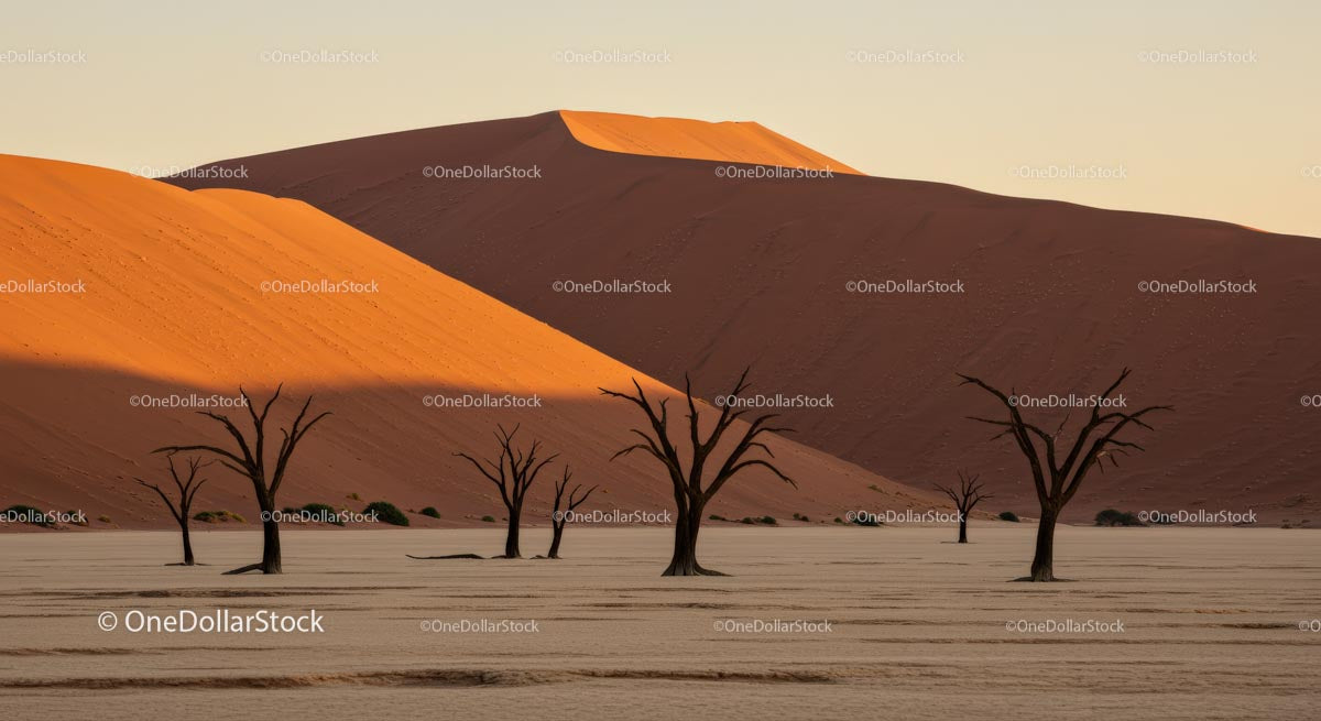 Majestic Dead Trees Against Orange Sand Dunes at Sunset