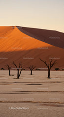 Majestic Sand Dunes with Barren Trees at Sunset