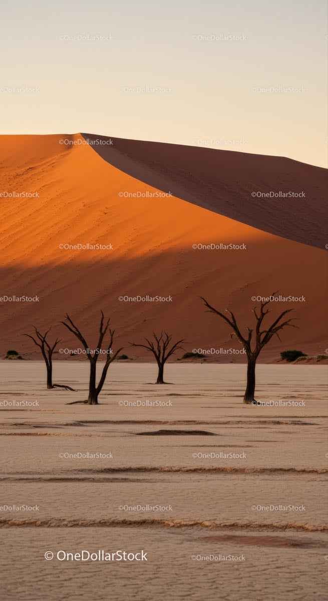 Majestic Sand Dunes with Barren Trees at Sunset
