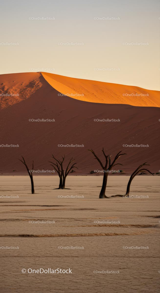 Silhouetted Trees and Majestic Sand Dunes at Sunrise