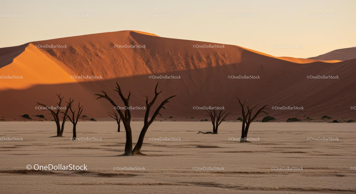 Dead Trees at Sunrise in Namibia's Desert Landscape