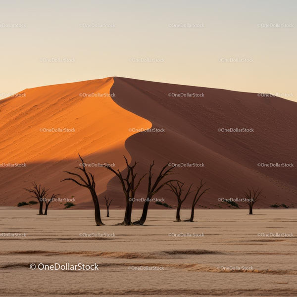 Sunrise Over Desert Dunes and Dead Trees in Namib Desert