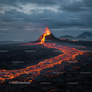 Fiery Volcano Eruption with Flowing Lava Rivers