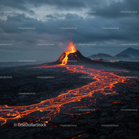 Fiery Volcano Eruption with Flowing Lava Rivers