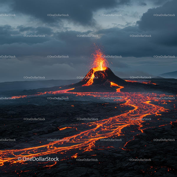 Fiery Volcano Eruption with Flowing Lava