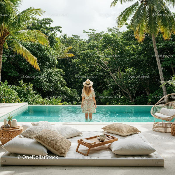 Woman Enjoying Tropical Poolside Oasis with Palm Trees
