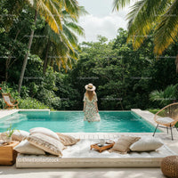 Woman Relaxing by Luxurious Pool in Tropical Paradise
