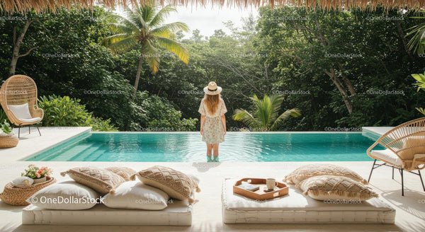 Woman in Hat Enjoying Tranquil Tropical Infinity Pool