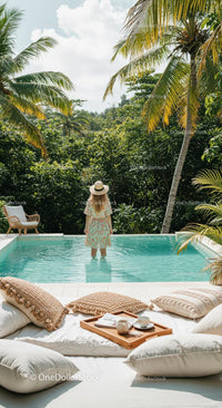 Woman Enjoying Tranquility by a Tropical Poolside