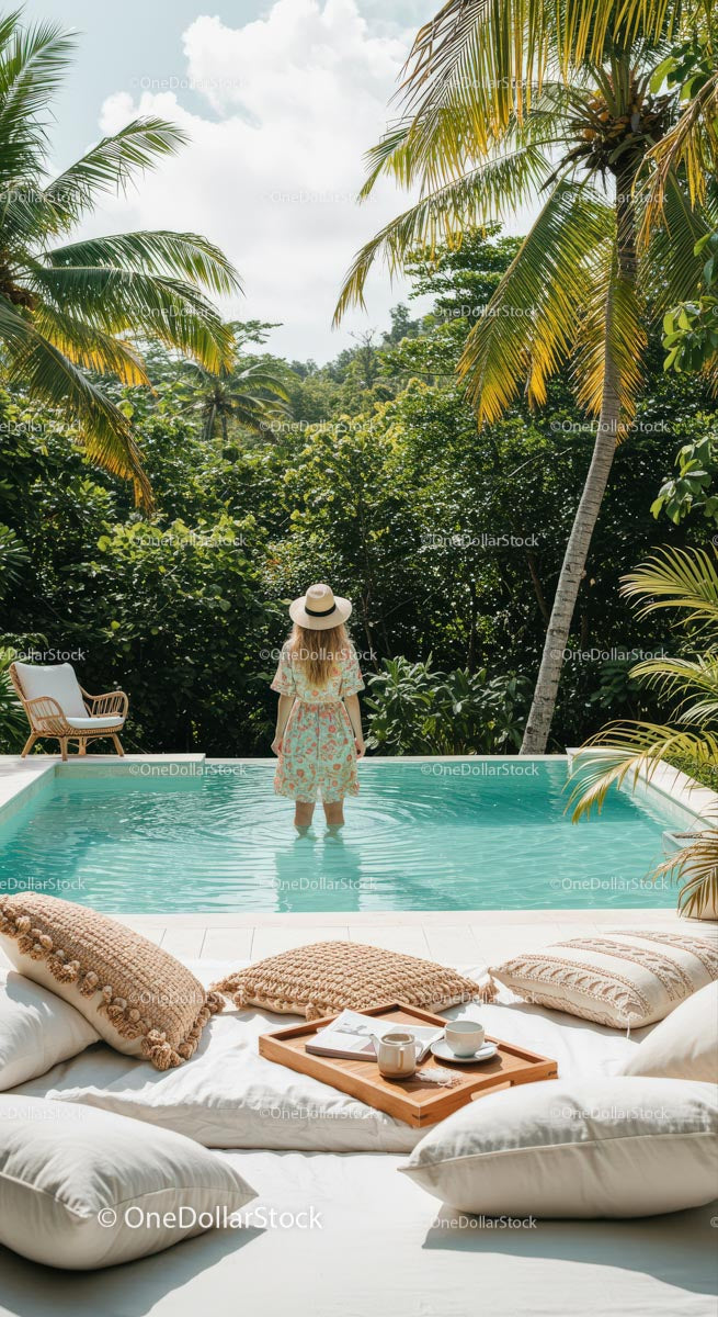 Woman Enjoying Tranquility by a Tropical Poolside