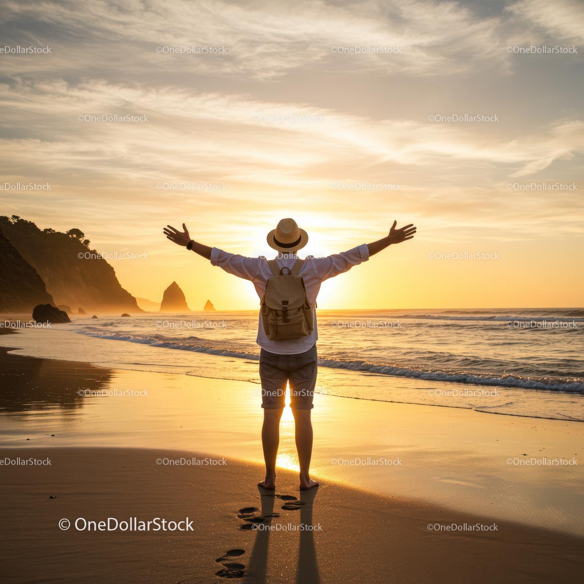 Traveler Embracing Sunset on Sandy Beach