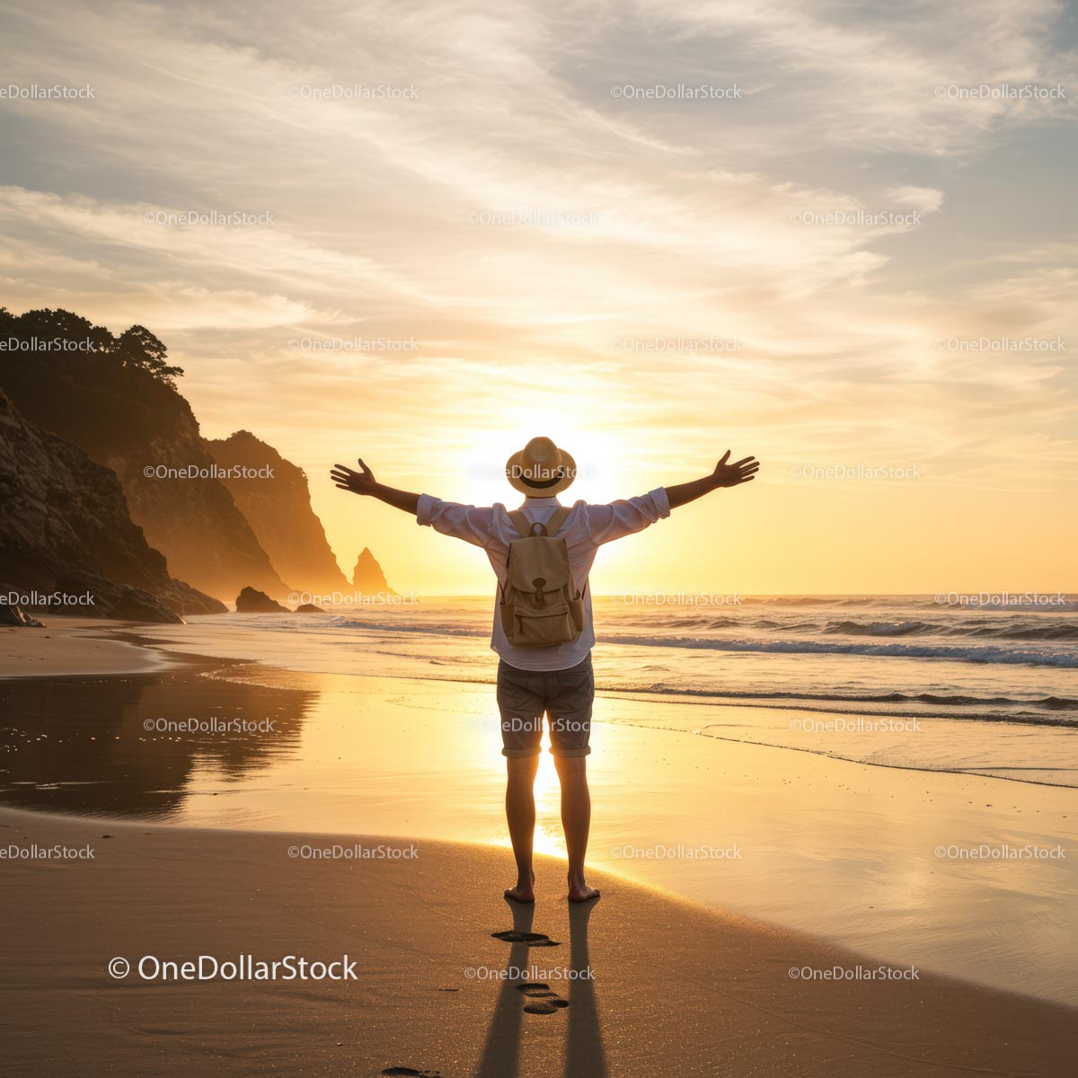 Traveler Embracing Freedom at Sunset Beach