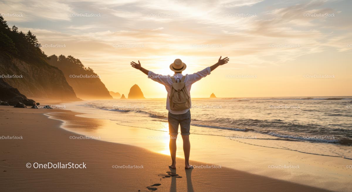 Man Enjoying Sunset on Scenic Beach