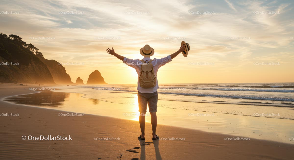 Carefree Traveler Enjoying a Sunset Beach Adventure