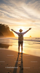 Traveler Embraces Sunset on Scenic Beach Shoreline