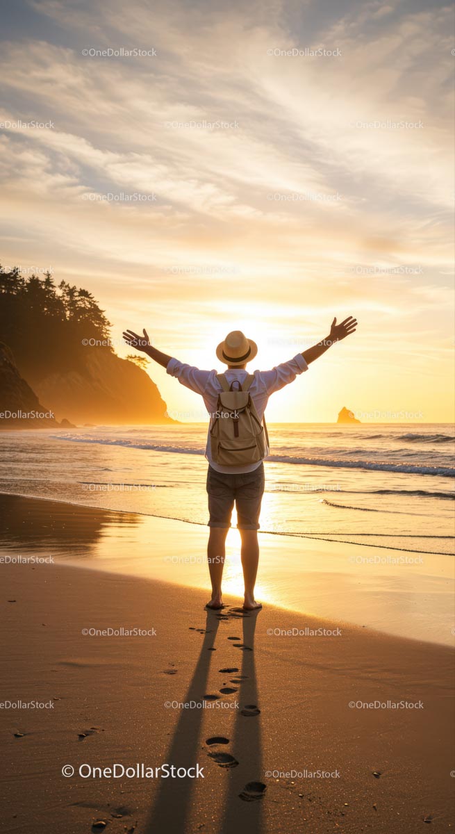 Traveler Embraces Sunset on Scenic Beach Shoreline