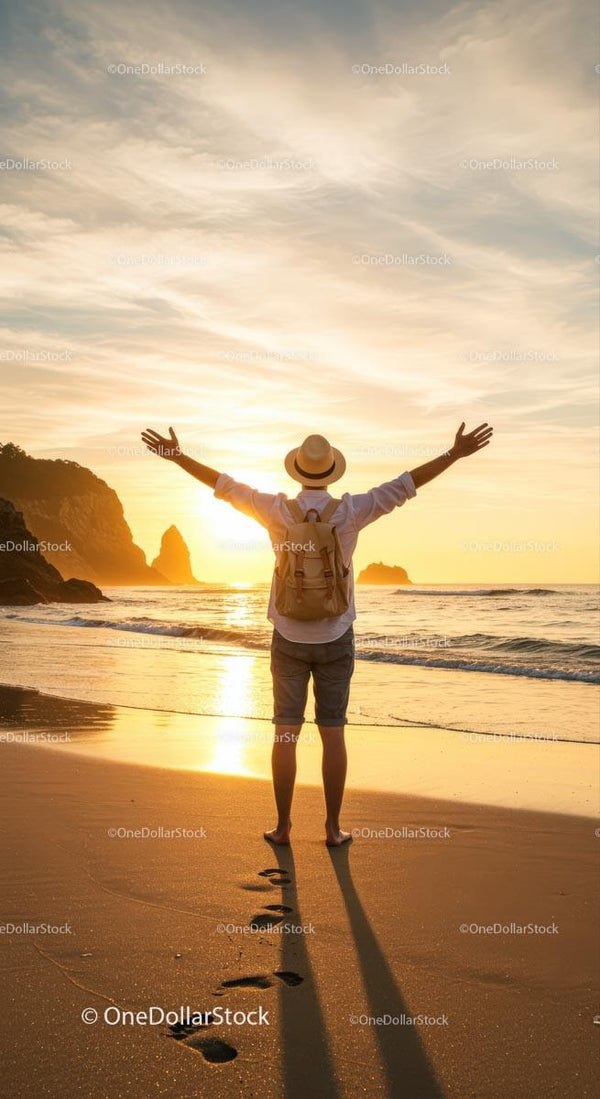 Traveler Embracing Sunset on Sandy Beach