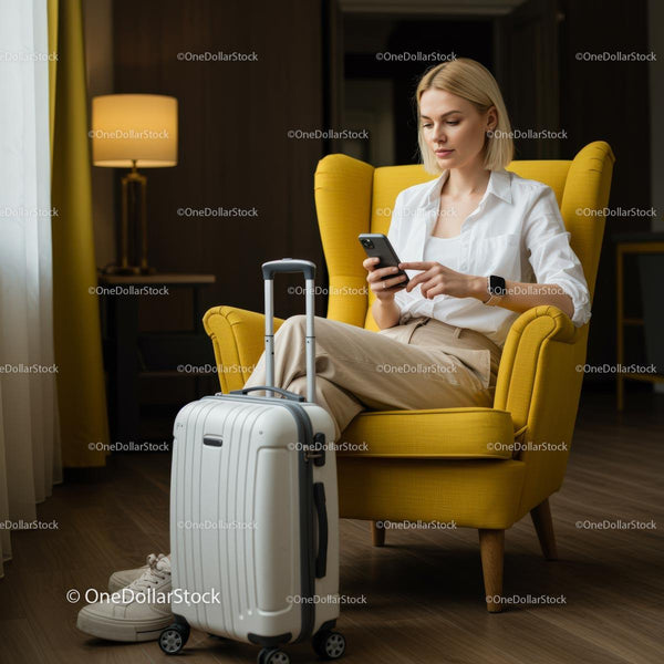 Kobieta relaksująca się w żółtym fotelu z smartfonem i walizką