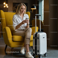 Woman Relaxing in Yellow Armchair with Phone and Luggage
