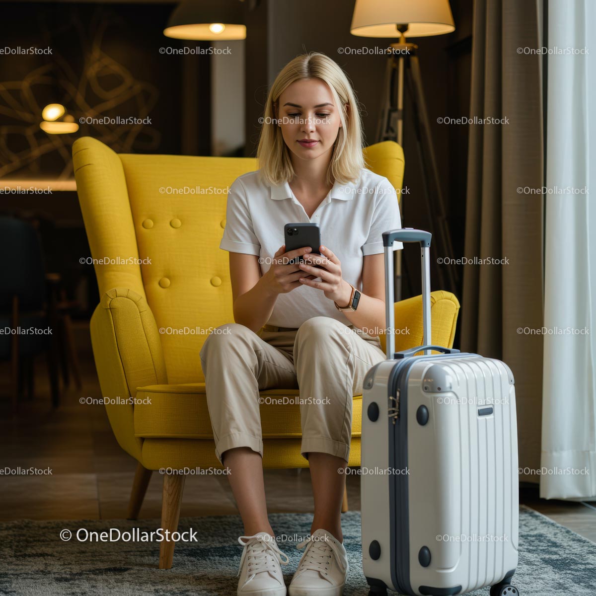 Młoda kobieta ze smartfonem i bagażem w hotelowym saloniku