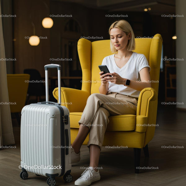 Woman Relaxing in Airport Lounge with Smartphone and Suitcase