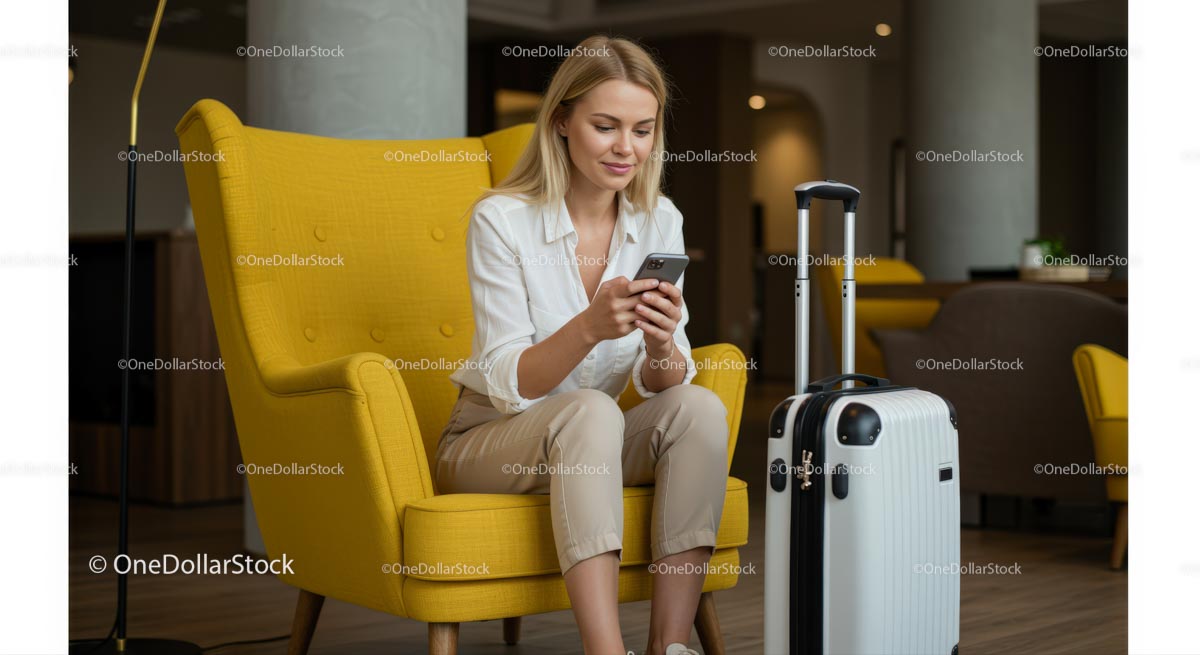 Woman Relaxing in Airport Lounge with Suitcase