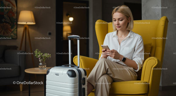 Kobieta Relaksująca się ze Smartfonem w Przytulnym Nowoczesnym Wnętrzu
